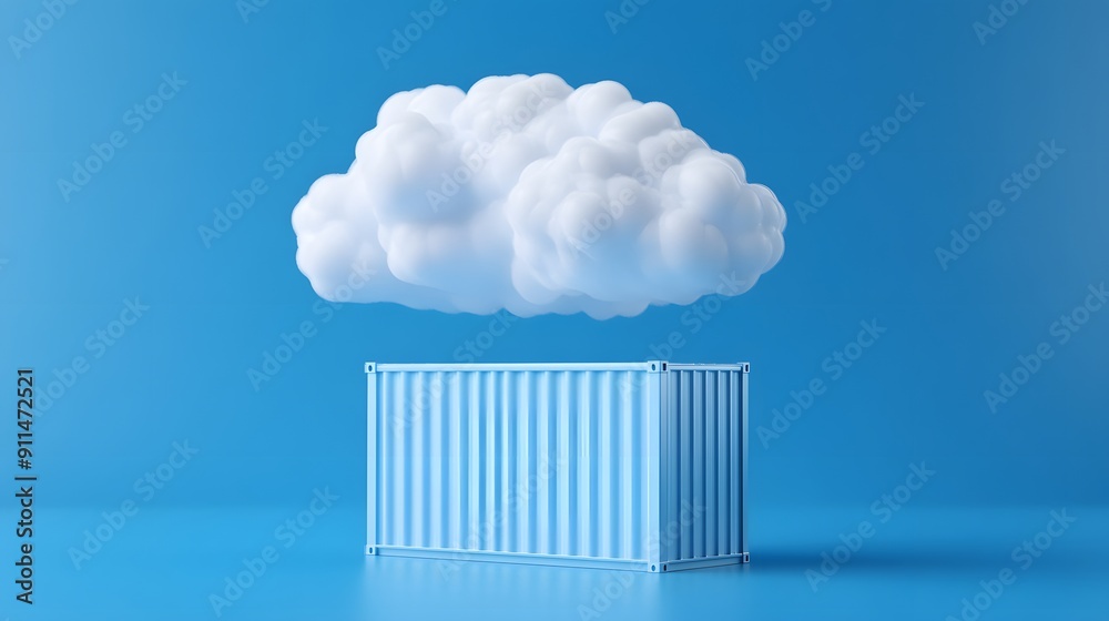 Blue shipping container with a floating cloud above, symbolizing cloud computing and logistics in a modern, minimalistic style. Blue shipping container with a floating cloud above, symbolizing cloud computing and logistics in a modern, minimalistic style.
