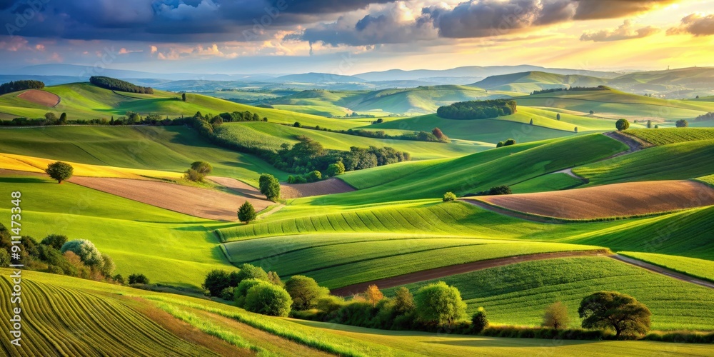 Fototapeta premium Lush agricultural landscape with vibrant fields and rolling hills, agriculture, landscape, lush, green, fields, hills