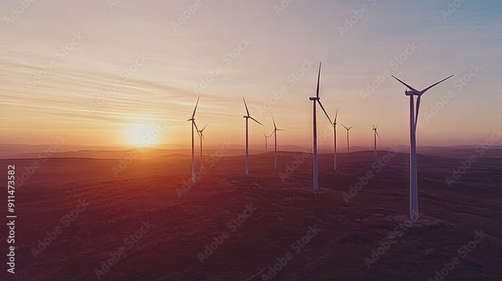 Obraz premium Panoramic view of a wind power plant at sunset, with turbines generating eco-friendly energy.