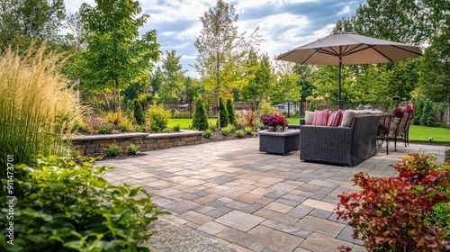 Patio area with stone brick block paving, showing the elegance and versatility of the paver floor. photo