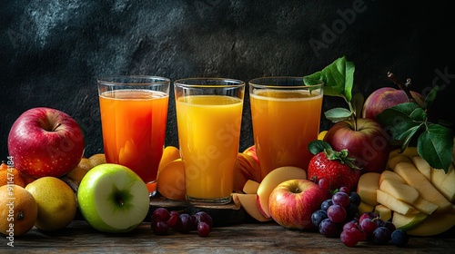 Refreshing apple and multivitamin juices in cocktail glasses, with a variety of fresh fruits displayed around them.