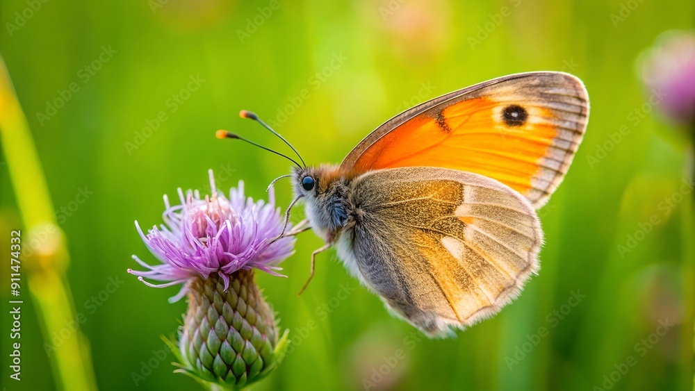A Symphony of Orange and Green: Small Heath Butterfly on a Wildflower Generative AI A Symphony of Orange and Green: Small Heath Butterfly on a Wildflower Generative AI
