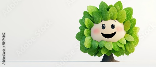 Cute happy tree character with a smiling face and vibrant green leaves photo