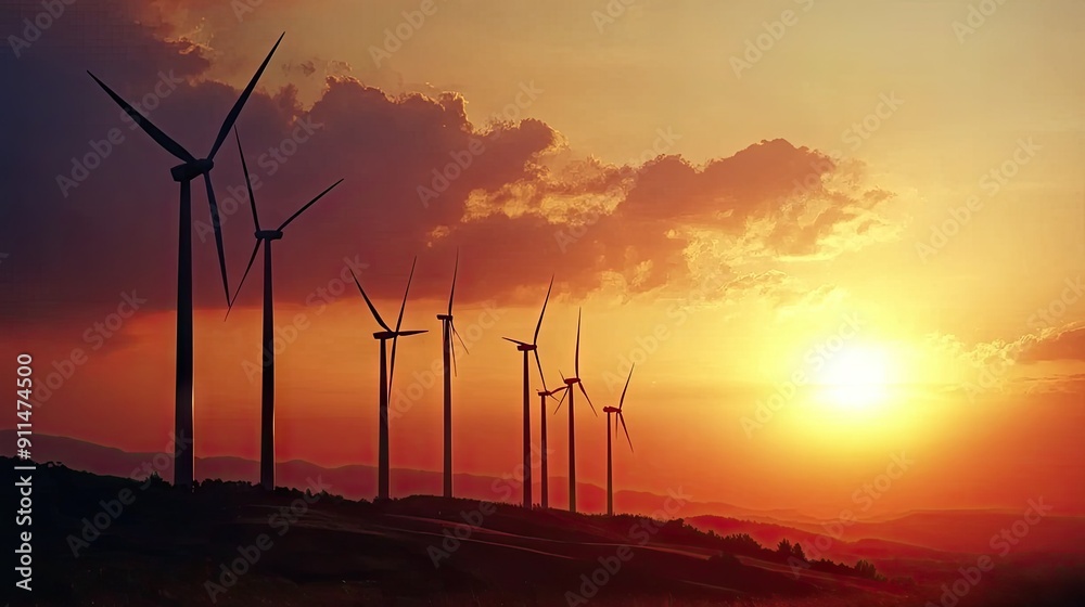 Fototapeta premium Renewable energy wind turbines under a sunset sky, emphasizing clean power and sustainability. -