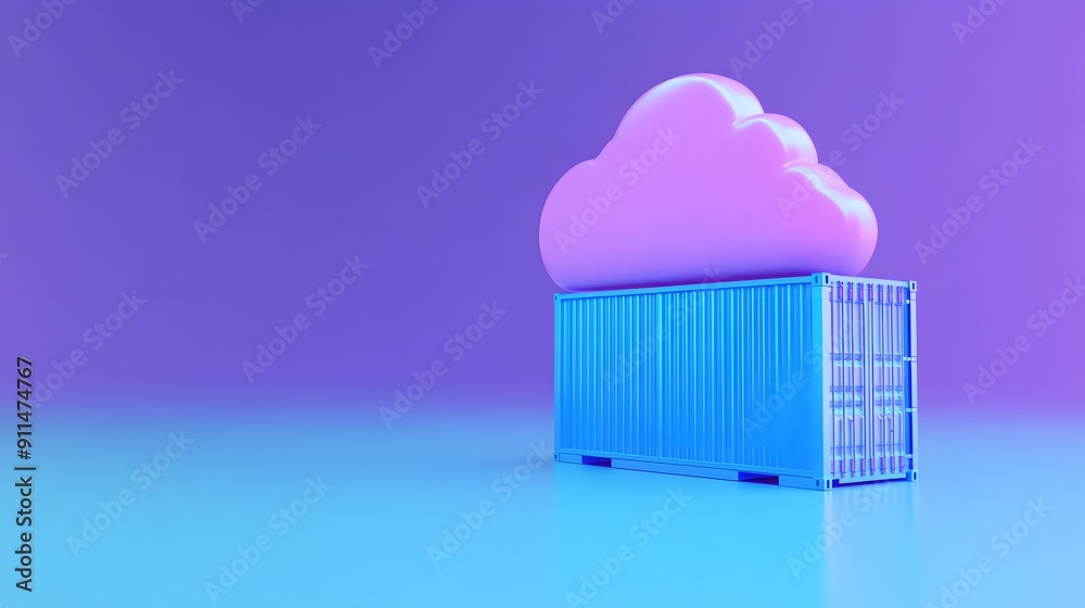 Cloud computing and containerization concept with a pink cloud resting on a blue cargo container against a vibrant gradient background. Cloud computing and containerization concept with a pink cloud resting on a blue cargo container against a vibrant gradient background.