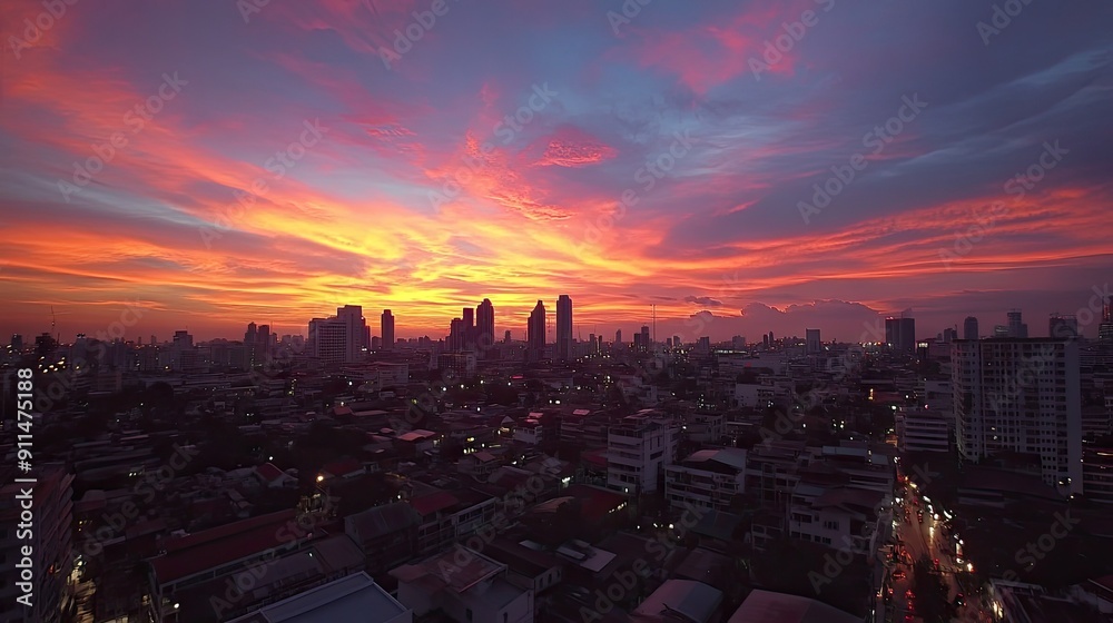 Fototapeta premium Rooftop view of Bangkok Lumpini area at sunset, with a panoramic cityscape and colorful sky.