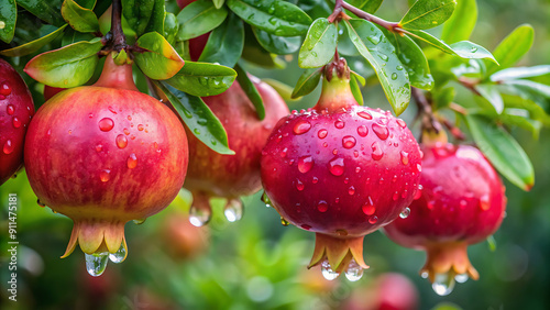 "Fresh Pomegranates with Dew: Captivating Image of Water-Drenched Fruits on Tree" generative ai