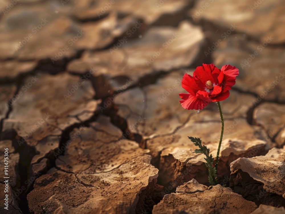 A solitary red flower blooms from the cracks in the earth, surrounded by desolate terrain A solitary red flower blooms from the cracks in the earth, surrounded by desolate terrain