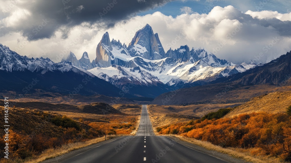 Naklejka premium Scenic highway with snow-capped peaks and cloudy skies, highlighting the allure of road trips.