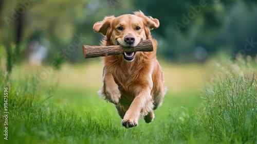 A happy Golden Retriever running over a green field with a piece of wood in its mouth