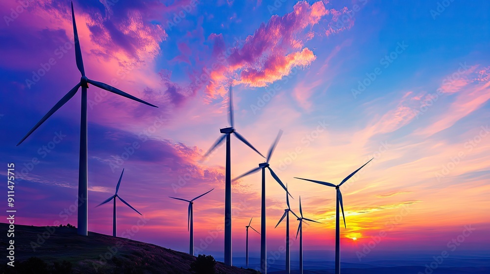 Obraz premium Silhouetted wind turbines at sunset, showcasing the clean energy concept under a colorful sky.
