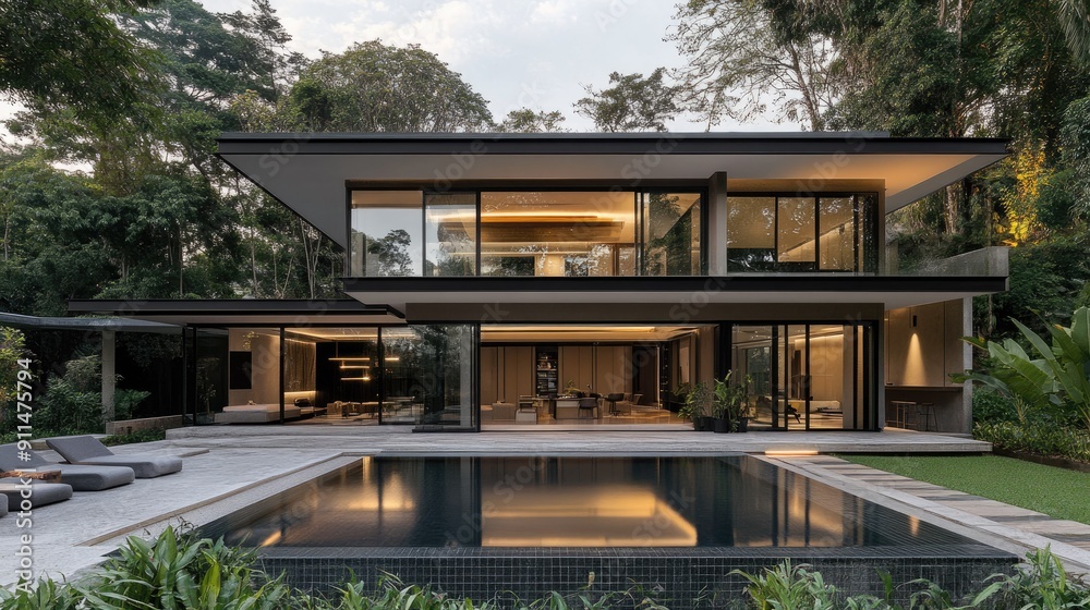 Fototapeta premium Sleek and modern villa house with a focus on indoor-outdoor living, ideal for architectural inspiration.