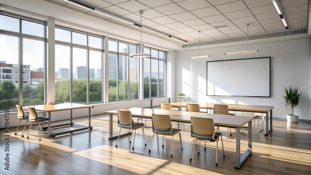 Modern Minimalist Classroom with a Sleek Whiteboard Generative AI Modern Minimalist Classroom with a Sleek Whiteboard Generative AI