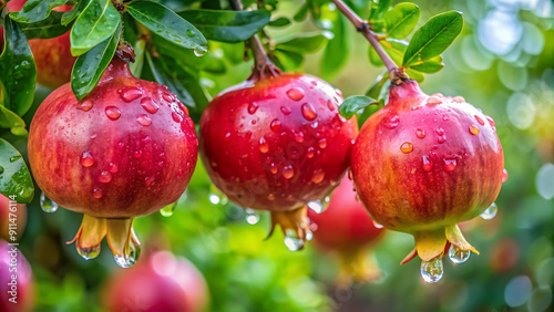 "Fresh Pomegranates with Dew: Captivating Image of Water-Drenched Fruits on Tree" generative ai
