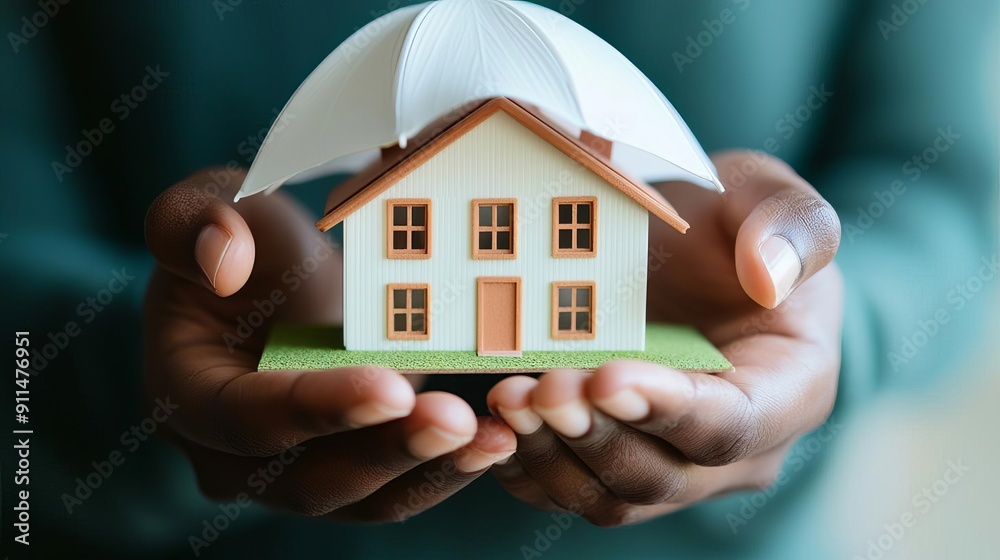 Hands holding a house model with protective umbrella, symbolizing insurance coverage, property insurance, coverage symbol Hands holding a house model with protective umbrella, symbolizing insurance coverage, property insurance, coverage symbol