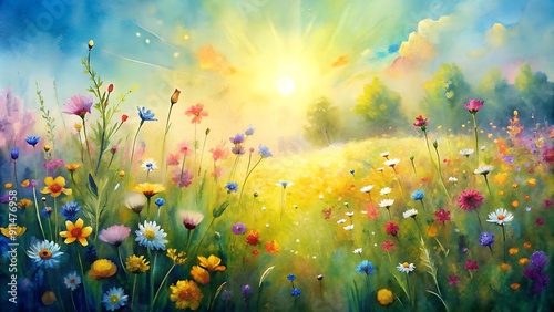 A Symphony of Sunlit Blooms: A Watercolor Impression of a Flower Meadow  AI Generated photo