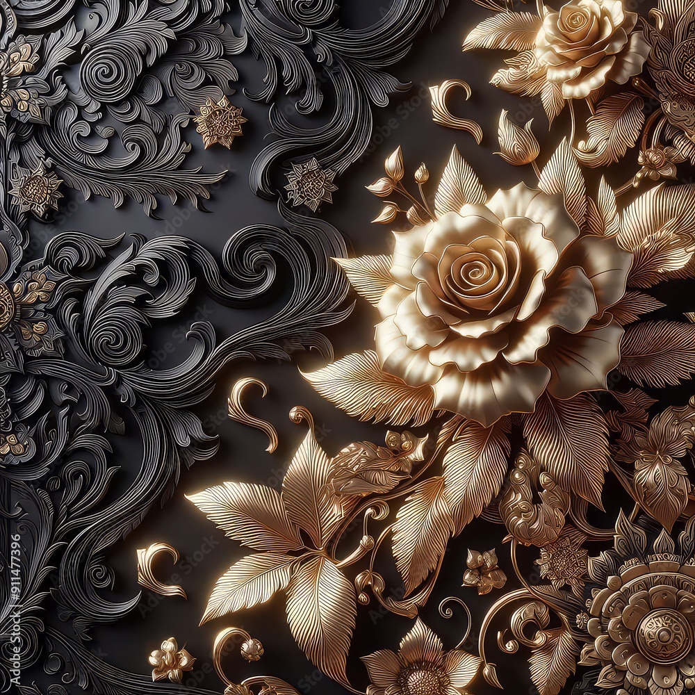 Elegant 3D golden floral design on a dark background, featuring intricate rose and leaf details in an ornate style. Elegant 3D golden floral design on a dark background, featuring intricate rose and leaf details in an ornate style.