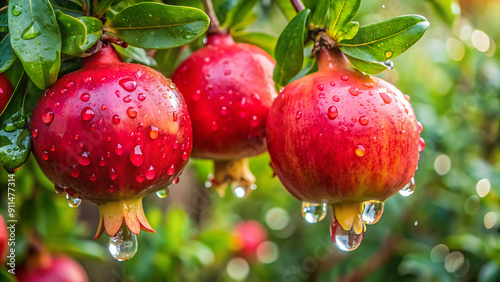 "Fresh Pomegranates with Dew: Captivating Image of Water-Drenched Fruits on Tree" generative ai