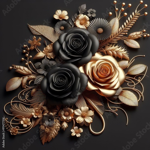 Elegant composition of black and gold roses with intricate floral details on a black background.