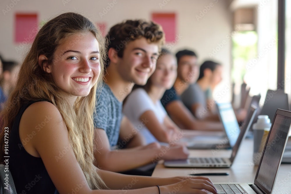 Smiling Young People in a Language School in Front of Laptops Smiling Young People in a Language School in Front of Laptops