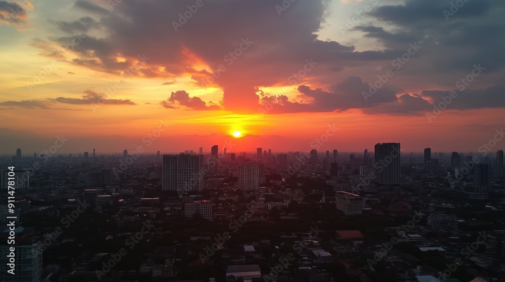 Fototapeta premium Sunset over Lumpini area from a rooftop bar in Bangkok, showcasing the vibrant cityscape and sky colors.