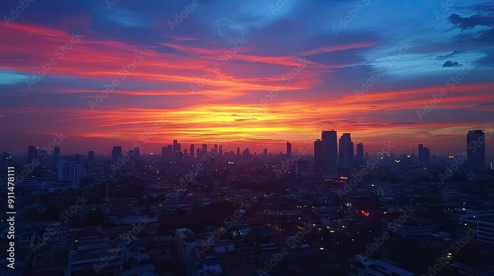 Fototapeta premium Sunset over Lumpini area from a rooftop bar in Bangkok, showcasing the vibrant cityscape and sky colors.