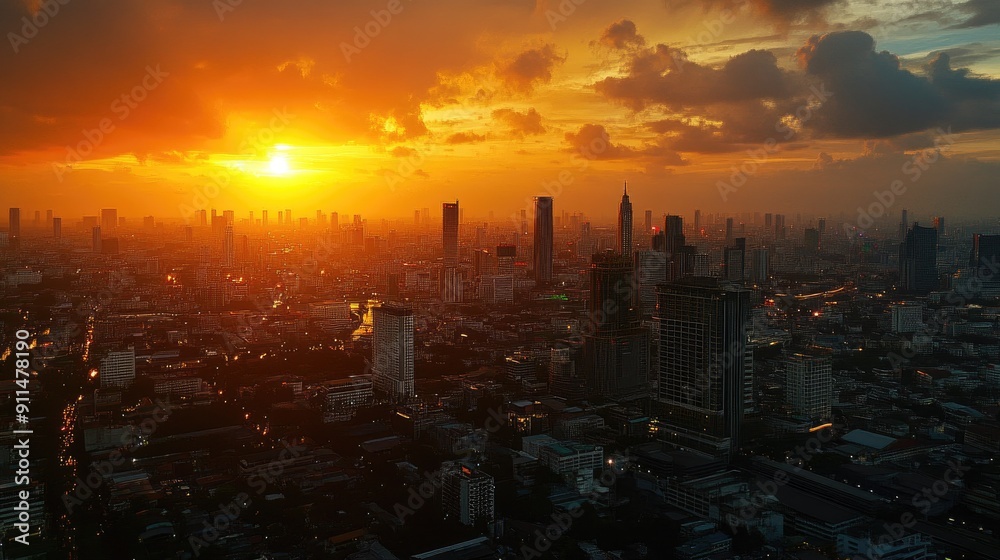 Fototapeta premium Sunset over the Bangkok cityscape from a rooftop bar in Lumpini area, with a golden sky and vibrant lights.