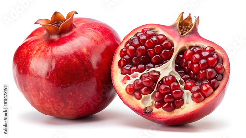 "Fresh Ripe Pomegranate Halves: Vibrant and Juicy on White Background"  generative ai