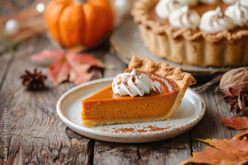 Slice of pumpkin pie with whipped cream on a plate, surrounded by mini pumpkins, milk, and autumn leaves. Perfect for Thanksgiving and fall dessert themes. Slice of pumpkin pie with whipped cream on a plate, surrounded by mini pumpkins, milk, and autumn leaves. Perfect for Thanksgiving and fall dessert themes.