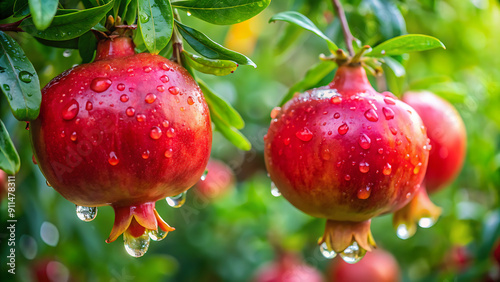 "Fresh Pomegranates with Dew: Captivating Image of Water-Drenched Fruits on Tree" generative ai
