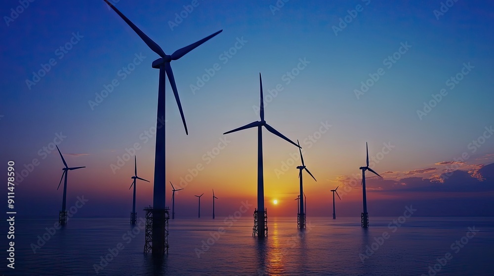 Obraz premium Sunset view of wind turbines at a power plant, symbolizing clean energy and eco-friendly power generation.