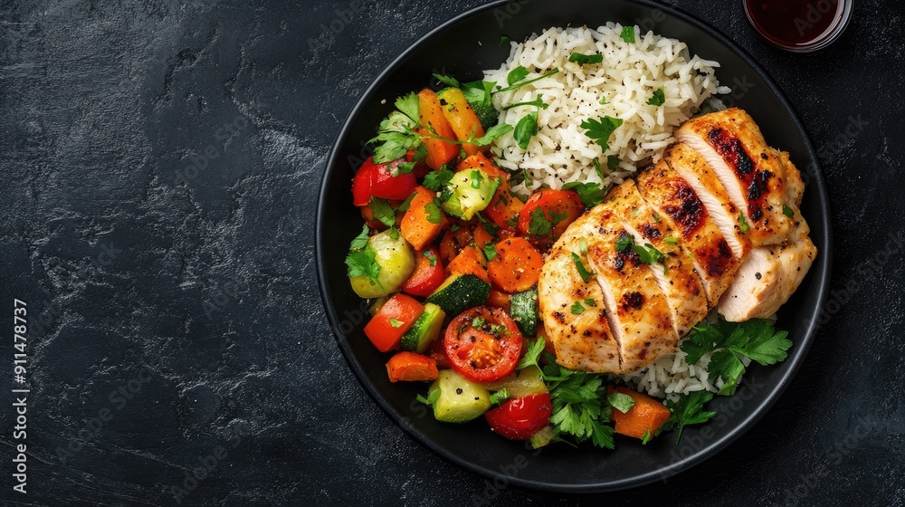 Top view of a black plate featuring baked chicken fillet, rice, and a medley of vegetables, with space for text. Top view of a black plate featuring baked chicken fillet, rice, and a medley of vegetables, with space for text.