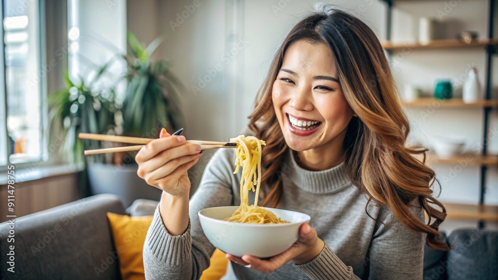 Smiling woman enjoying noodles with chopsticks at home. Smiling woman enjoying noodles with chopsticks at home.