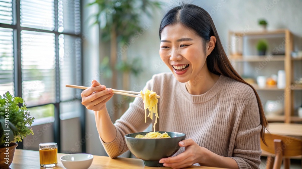 Smiling woman enjoying noodles with chopsticks at home. Smiling woman enjoying noodles with chopsticks at home.