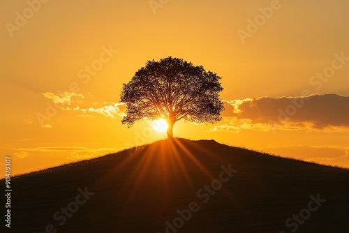 Obraz na płótnie Lone Tree Against a Sunset Backdrop w salonie