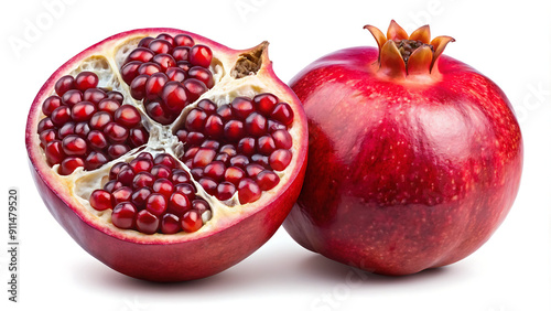 "Fresh Ripe Pomegranate Halves: Vibrant and Juicy on White Background"  generative ai