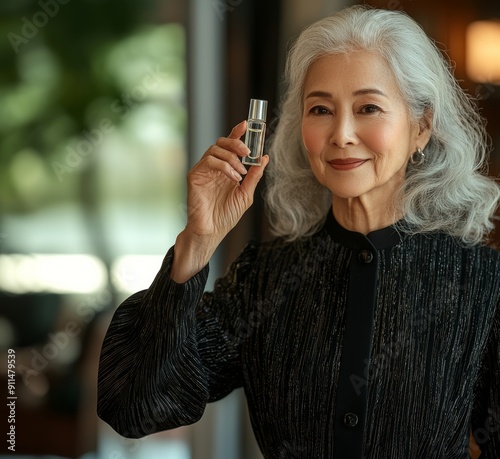 65 years old Southeast Asian woman with a graceful demeanor holds a transparent small serum bottle near her face, smiling softly. beauty and skincare product concept photo