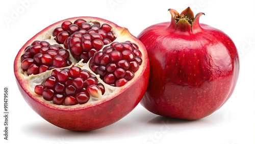 "Fresh Ripe Pomegranate Halves: Vibrant and Juicy on White Background"  generative ai