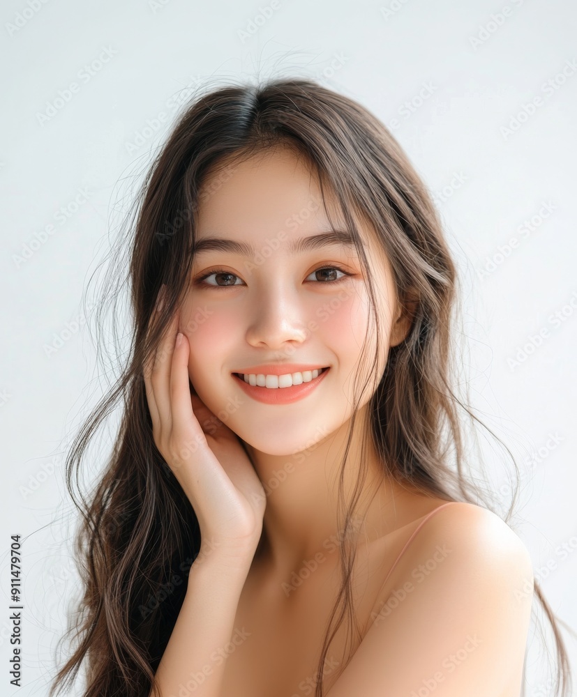 Young asian Beautiful woman, smiling asian Japanese girl touch face with smooth healthy skin, Cosmetology Young asian Beautiful woman, smiling asian Japanese girl touch face with smooth healthy skin, Cosmetology