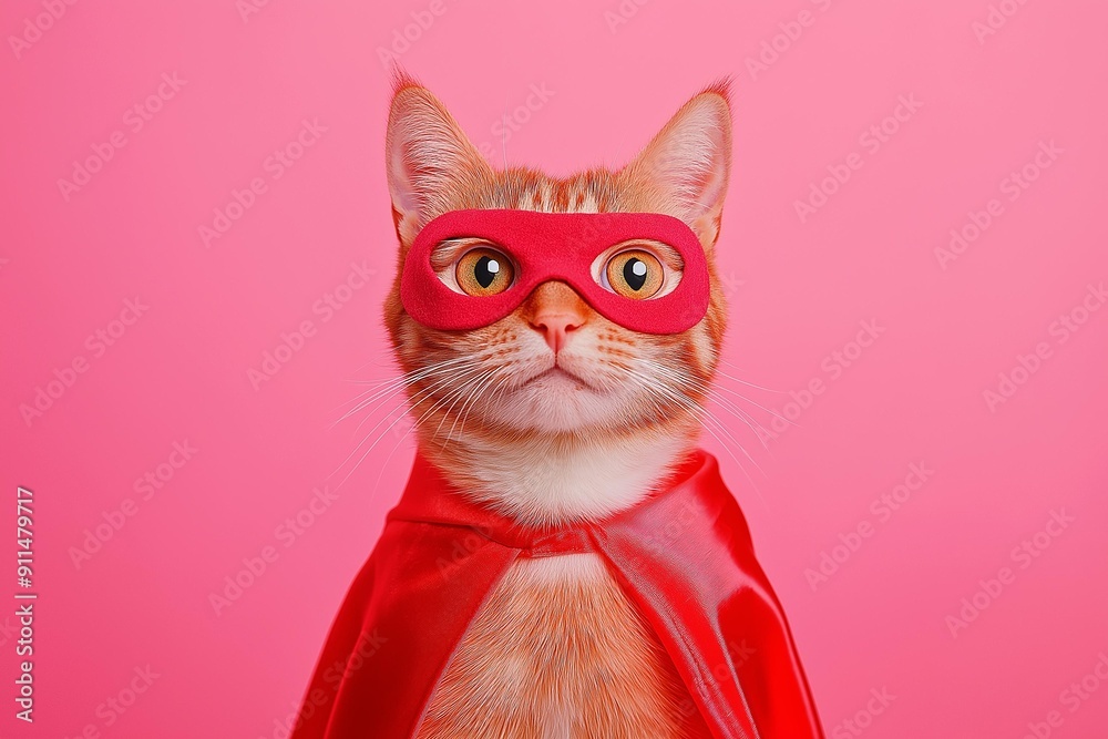 Superhero Cat Posed Against Pink Background
