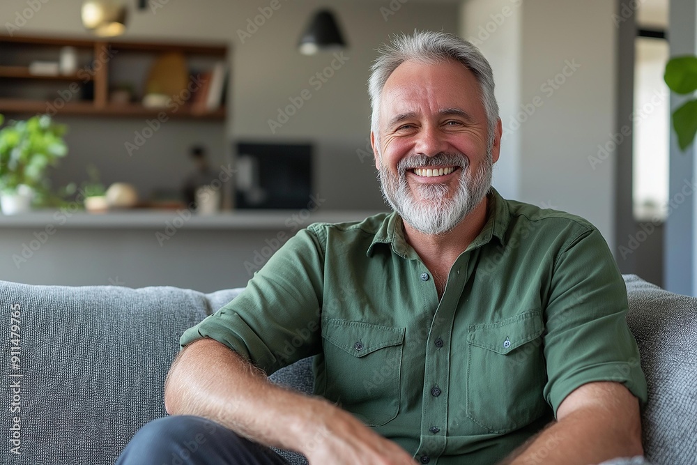 Cheerful Mature Man Relaxing at Home