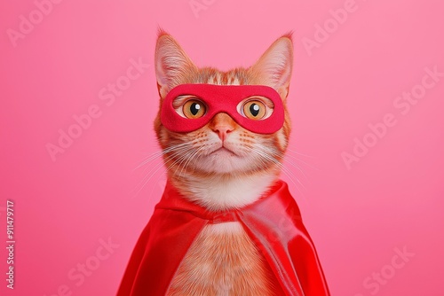 Obraz na płótnie Superhero Cat Posed Against Pink Background w salonie