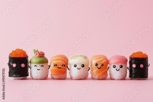 Obraz na płótnie Charming Array of Anime-Styled Sushi Characters w salonie