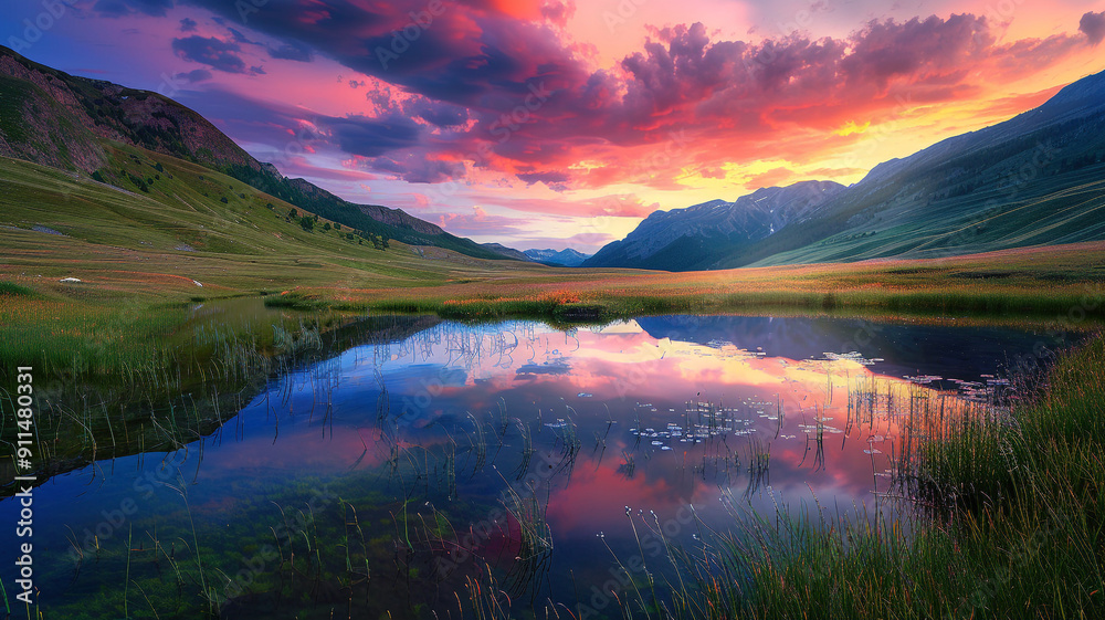 Fototapeta premium A box valley with a tranquil pond reflecting a colorful sunset