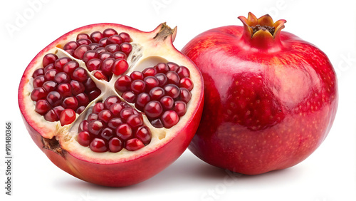 "Fresh Ripe Pomegranate Halves: Vibrant and Juicy on White Background"  generative ai