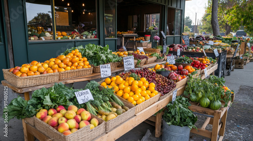 Fresh, colorful fruits and veggies are sold at the farmers market, near an empty storefront. You can find locally grown produce with prices, as well as organic products.