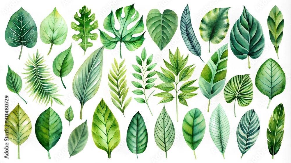 Vibrant Green Leaves in Watercolor - A Lush and Lively Collection generative AI Vibrant Green Leaves in Watercolor - A Lush and Lively Collection generative AI