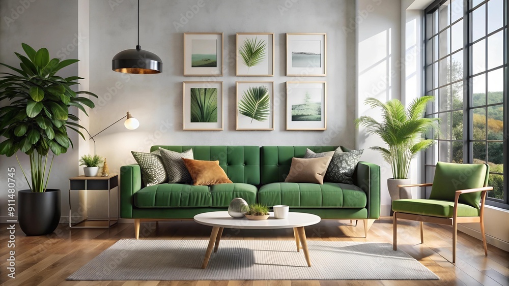 A Modern Living Room with a Lush Green Sofa and Vibrant Greenery  AI generated