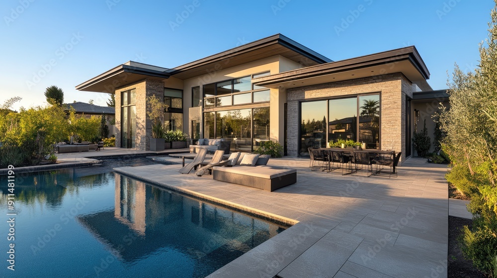 Villa with a stylish exterior and large outdoor living area, emphasizing modern architectural trends. Villa with a stylish exterior and large outdoor living area, emphasizing modern architectural trends.