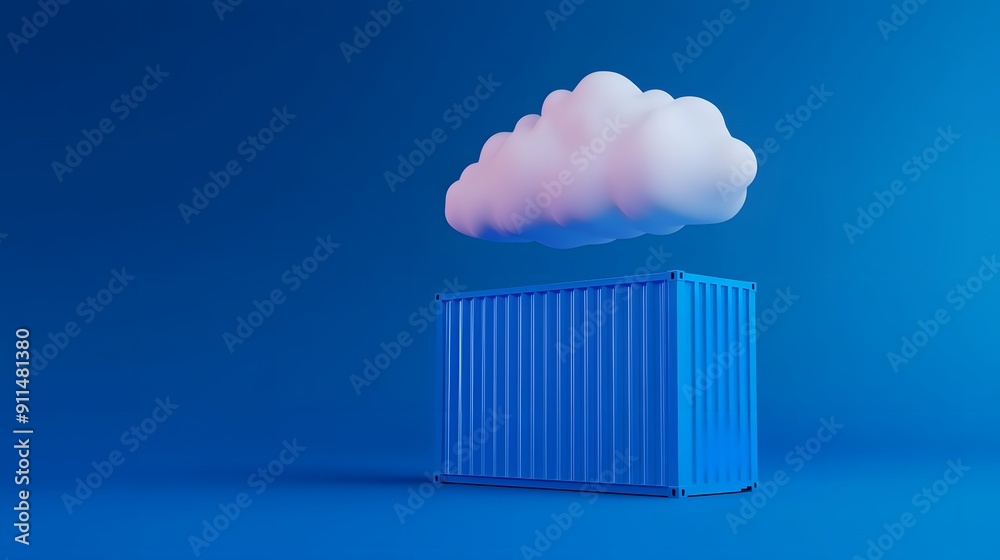 Cloud technology concept with a shipping container and cloud against a blue background symbolizing cloud storage and containerization. Cloud technology concept with a shipping container and cloud against a blue background symbolizing cloud storage and containerization.